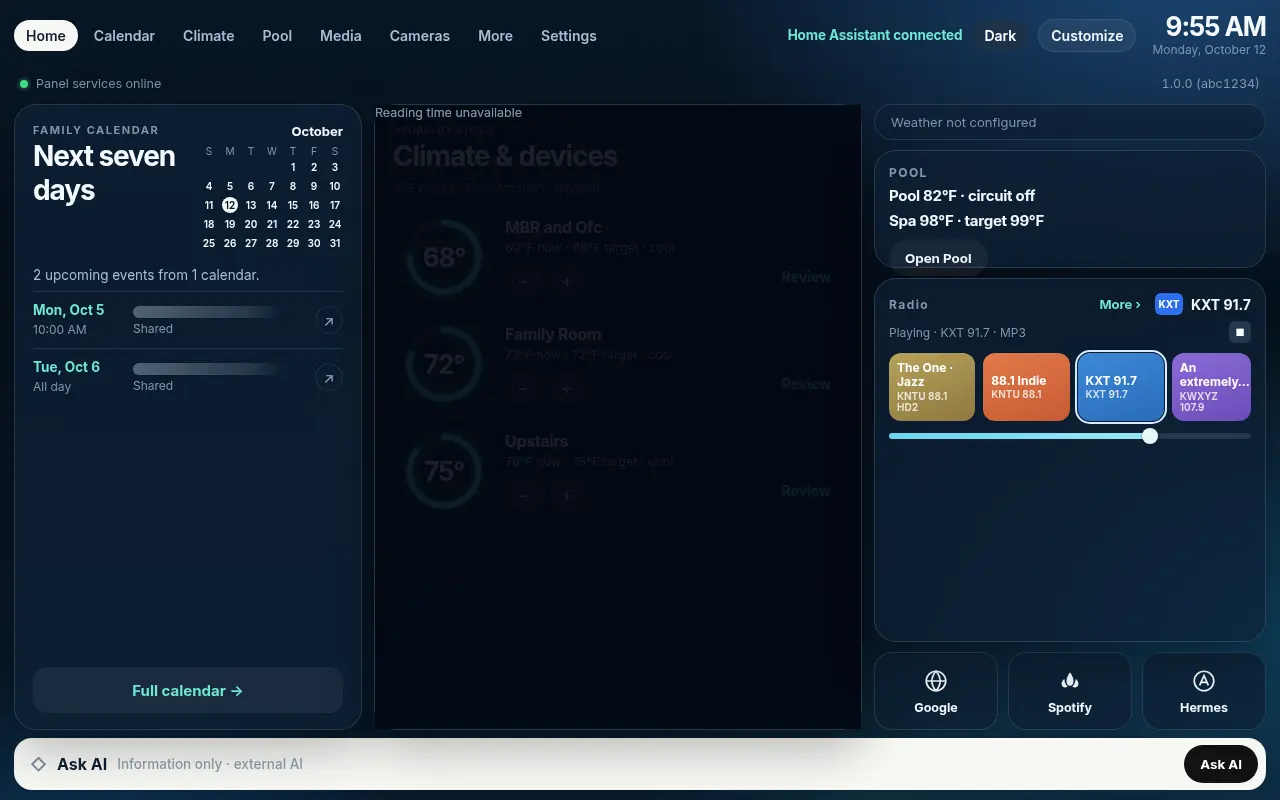 Home AI Panel home screen in the dark theme, from the case study. Climate, pool, radio, and calendar are visible. Sample calendar titles are obscured.