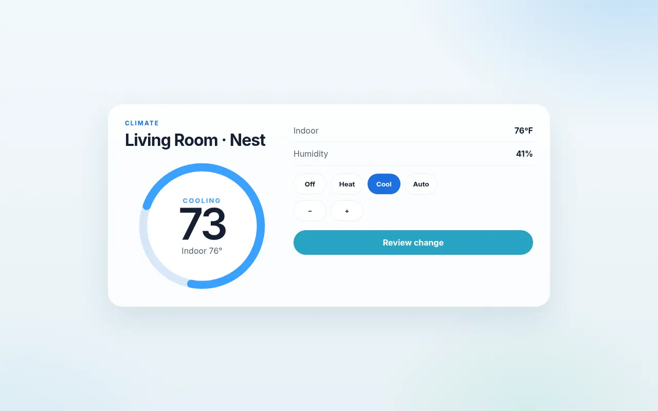 Light thermostat card from the Home AI case study, cooling a living room zone.